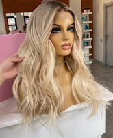 Platinum Ash Blonde with Dark Roots Long Wavy Lace Front Human Hair Wig - Everyday Wigs